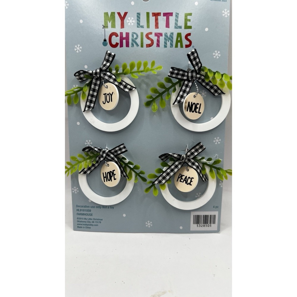 4 Mini Ornaments Buffalo Check Joy Peace Noel Hope 2" Farmhouse